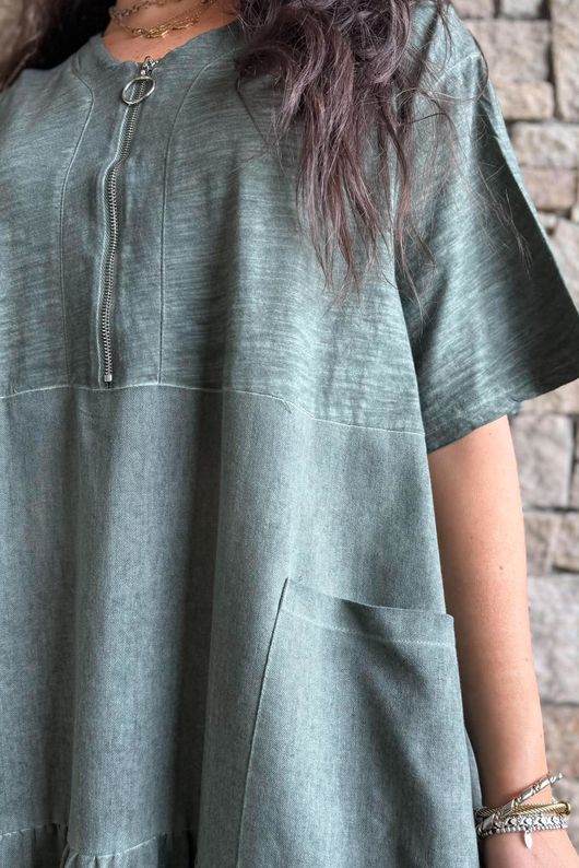Rustic Nature Linen Blend Smock T Shirt Dress Washed Moss